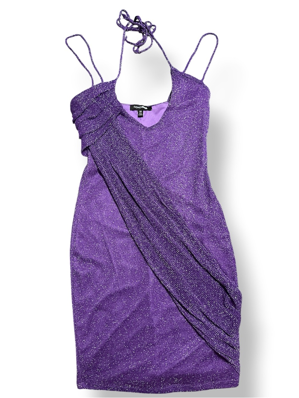 Fashion Nova Purple Glitter Mini Dress with Draped Detail